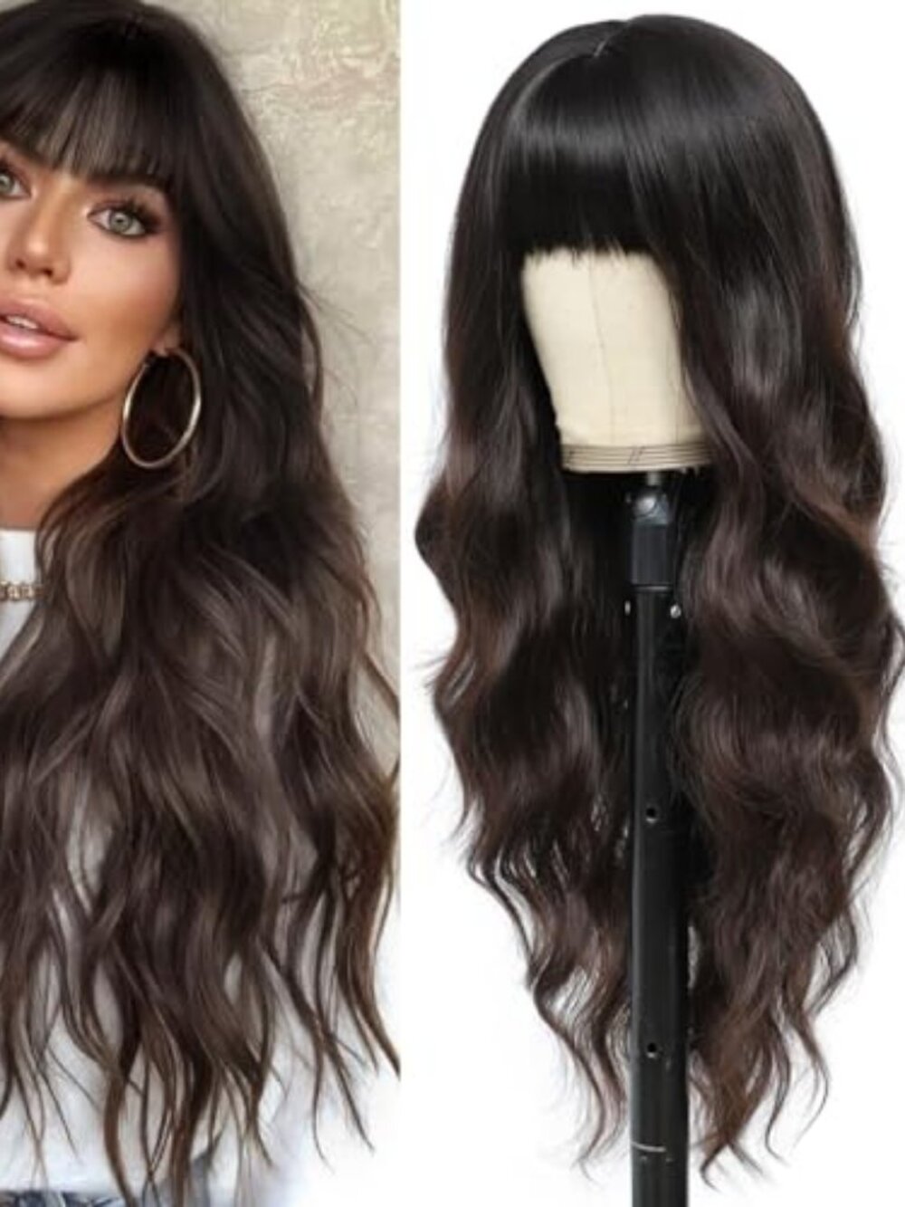 Brown Wig with Bangs for Women Long Brown Wavy Wigs 26 Inch Dark Brown Wigs